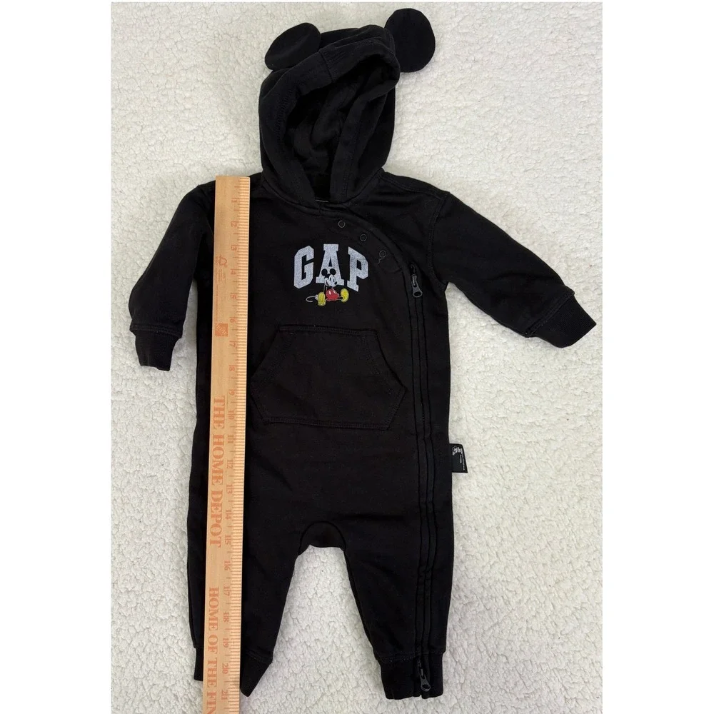 Gap x Disney Mickey Mouse Ear Hooded Romper Black Baby 3-6 Months Jumpsuit